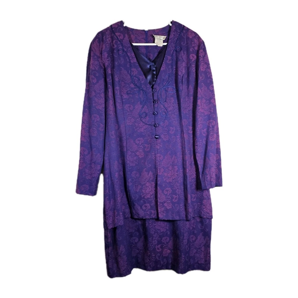 Vintage 1980's Miss Dorby Midi Dress Size 16W Purple Pink Floral Layered Look